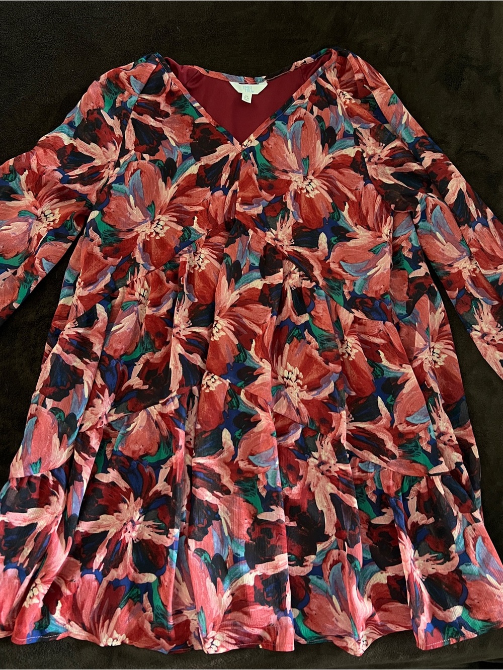 Floral V-Neck Long Sleeve Dress in Red Multi